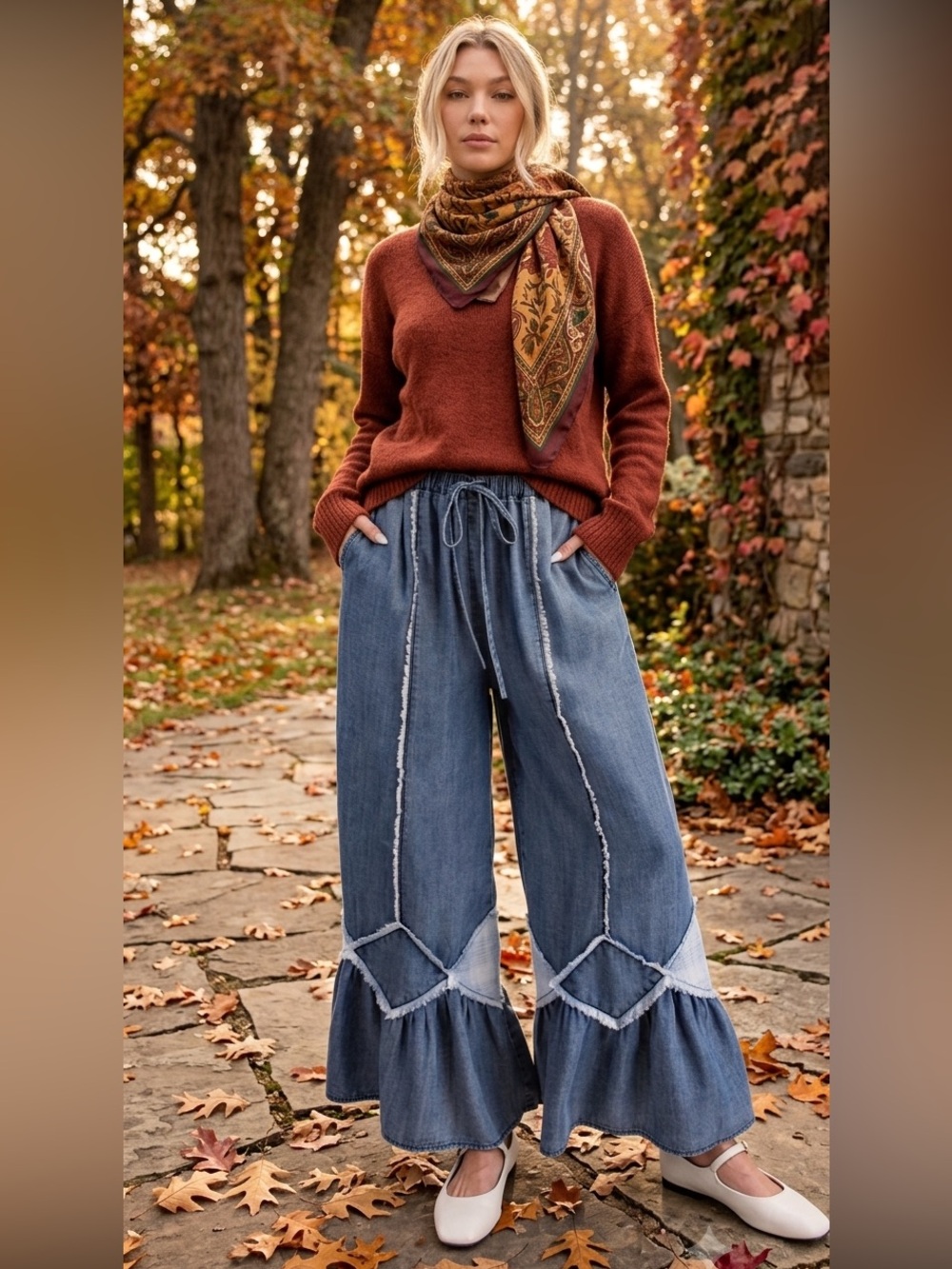 395 1 left RUFFLE BOTTOM WASHED CHAMBRAY
PANTS